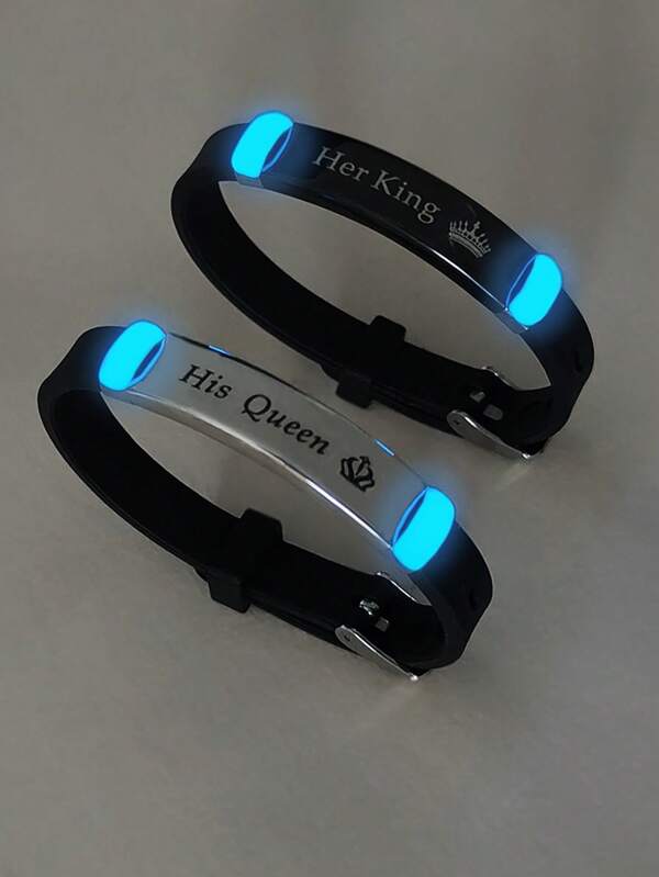 ATLVXJL 2pcs/Set Matching Couples His Queen Her King Grow In The Dark English Letter Stainless Steel Silicone Bracelet Valentine's Day Gift,Mom,Mother,Mother's Day,Gift
