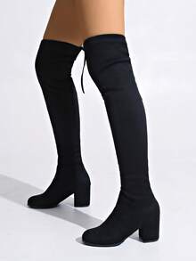 新款女式绒面弹性粗跟过膝靴，黑色，秋冬时尚高跟长靴，适合搭配短靴、迷你裙、牛仔裤 - 黑色 - 查看 3