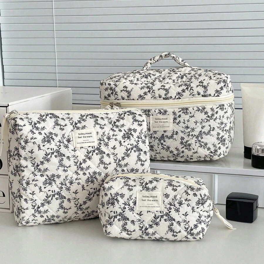 3pcs Makeup Bag Quilted Cosmetic Bag Silk Ribbon Large Floral Make Up Bag For Women Bow Cotton Makeup Bag Set Flower Travel Toiletry Bag - 黑與白 - 查看 1