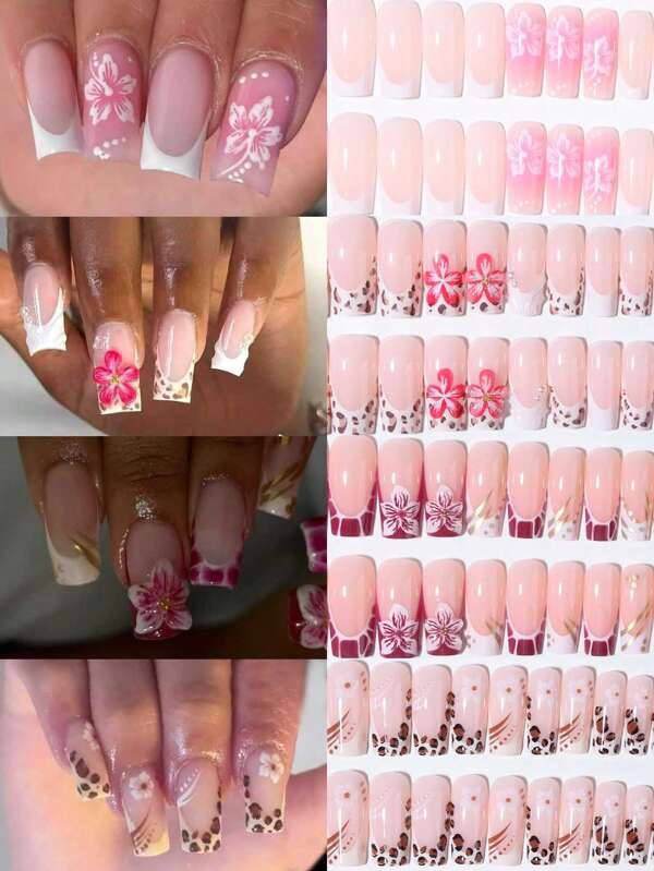 96pcs(4mixed )Long Square 3D Gelnail Makes Flower Nails Design French Acrylic Press On Nails Long Fit Perfectly False Nails Set ,Include: 1pc Jelly Glue And 1pc Nail File, Easy To Wear Summer Nails & French Tip Nails Art For Woman & Girl For Daily Wear And Party Use