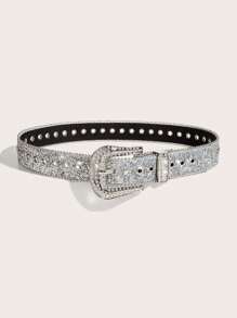 1pc 2.8" Width Rhinestone Glittering Silver Denim Belt For Dresses