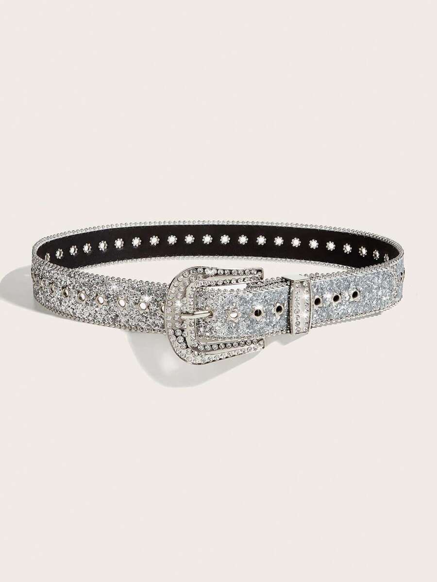 1pc 2.8" Width Rhinestone Glittering Silver Denim Belt For Dresses