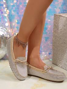 优雅时尚女士水钻平底鞋，带蝴蝶结 - 防滑、舒适、可折叠、适合所有季节，送给妈妈的礼物 - 卡其色 - 查看 3