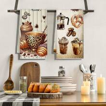 2pcs Coffee Enthusiast Kitchen Towels - Supersoft Polyester, Absorbent Dish Cloths With Latte & Cappuccino Art Prints - Great For Cafe Decor, Housewarming Gifts, Coffee Bar Accessories, 18*28in