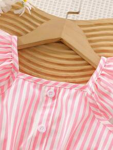 2pcs Young Girls Summer Outfit: Floral & Stripe Print Flutter Sleeve Button Decor Top And Floral Printed + Solid Color Sleeveless A-Line Skirt Set - Pink - View 4