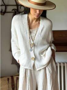 Women Retro Casual Cardigan - Soft Acrylic Loose Long Sleeve Casual Elegant Jacket, Autumn/Winter