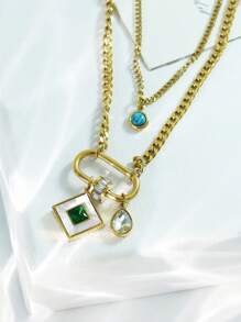 1 pièce Collier en acier au titane à deux couches incrusté de cristal de forme de losange rétro haut de gamme, chaîne de collier pour femmes, convenant pour un port quotidien et des fêtes, ne se décolorera pas