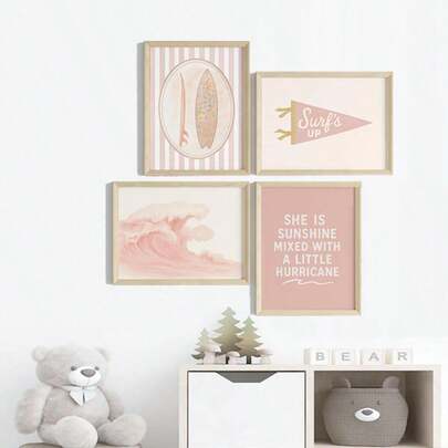 海岸梦幻岛婴儿墙饰套装 - 1 幅带框冲浪印花，饰有柔和的海浪、木板和“冲浪吧”语录，可用于婴儿房装饰画廊。冲浪婴儿房装饰，沙滩婴儿墙饰，柔和的海浪印花