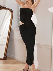 WOWDARK Women Autumn Strapless Hollow-Out Ruched Slit Dress - Black - View 11