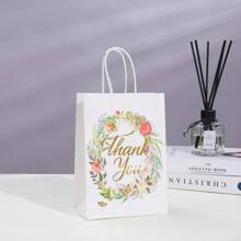 12/24PCS Floral Design Thank You Kraft Paper Gift Bags, Gift Packaging Bag, For Wedding Party Decor, Birthday Party Supplies, Theme Party Gifts Decorations