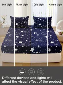 Juego de sábana ajustada con estampado de estrellas fugaces (1 sábana ajustada + 2 fundas de almohada), protector de colchón, funda de colchón para cama, juego de sábanas, suave y transpirable, para camas de todo tamaño - individual, doble, king, queen con bolsillo profundo de hasta 30 cm. Textil para el hogar. - Azul Marino - Ver 8