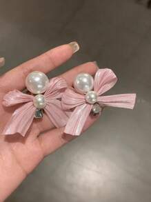 Set de 4 pinzas para el pelo con lazo blanco y rosa, pinzas laterales con perlas para niñas, accesorios para el cabello