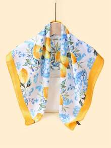 1pc Women's Elegant/Vintage Fashion Lemon Tree Printed Thin Style Faux Silk Scarf/Satin Square Scarf, Bandana,Women's Neck Scarf - Multicolor - View 2