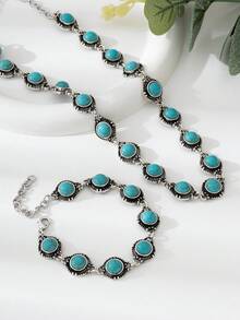 1pc Minimalist Versatile Retro Anklet, Metal Alloy Faux Turquoise Foot Jewelry For Women - Antique Silver - View 7