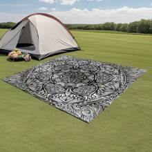 1pc Digital Printed Outdoor Picnic Mat, Beach Blanket, Black & White Mandala Design, Personalized, Fade Resistant, Lightweight Portable, 120g Polyester, With 4 Stake Pegs, Thick Protection, Suitable For Picnic, Camping, Beach, Yard