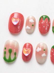 10 件夏季可爱指甲贴按压式日系短椭圆彩色多巴胺系列指甲贴手工美甲用品指甲