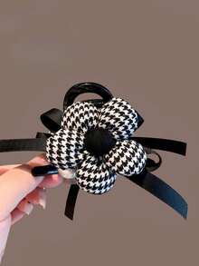 时尚千鸟格花朵发夹，带珍珠和蝴蝶结，中号发饰，适合马尾辫，美容爪夹，优雅发夹