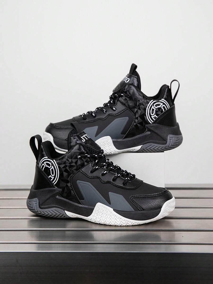 1 Pair Children's Basketball Shoes, Outdoor Sports Shoes, Casual Shoes, Non-Slip Wear-Resistant, Fashion Styles For 10 Year Old Boys And Girls, 8-12 & 14 Years Old, Color Matching Breathable Mesh - Black - View 1