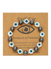 1pc Fashion Chic Obsidian Acrylic Evil Eye Beaded Elastic Bracelet For Women, Suitable For Daily Wear