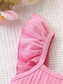 Young Girls 3pcs/Set Summer Casual Dress, Puff Sleeve Striped Floral Print, Fashion Vacation Outdoor Sundress - Multicolor - View 4