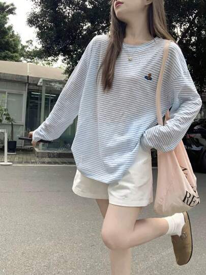 Blue Striped Long Sleeve Lightweight Sun Protection T-Shirt With Embroidery Detail, Loose Relaxed Fit Coverup