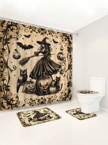 1 Stücke/4 Stücke Halloween Hexe Bad Kürbis Vorhang Dekoration, schönes Einweihungsgeschenk, moderne Heimdekoration, wasserdichter Duschvorhang und Toiletten-Bodenmatte Drei-Teile-Set mit 12 Duschvorhangösen Schulanfang