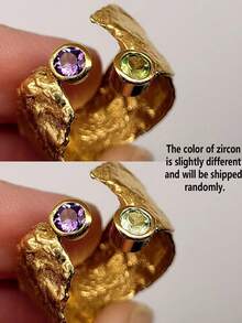 1 件独特不对称开口可调节锤纹铜镀金戒指，镶嵌紫色和绿色宝石，现代艺术设计珠宝，适合女性派对、聚会或生日礼物，搭配日常服装 - 彩色 - 查看 7