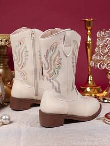 1 Pair Children's Flame Pattern, Sequin Trim, Faux Leather, Mid-Calf Zipper, Low Heel, Western Cowboy Style Boots, Suitable For Everyday/Party Wear - Beige - View 4