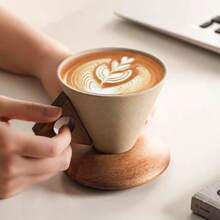 CEEFU Pottery Coffee And Tea Cup With Wood Saucer, Best For Latte, Cappuccino, Tea Or Espresso