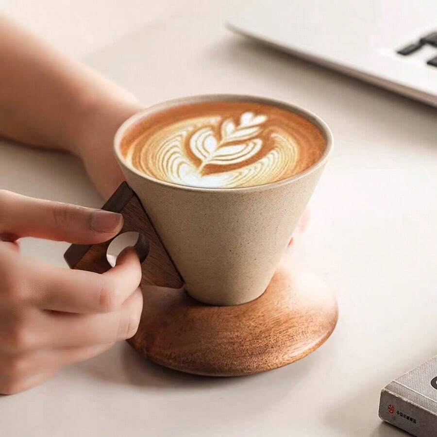 CEEFU Pottery Coffee And Tea Cup With Wood Saucer, Best For Latte, Cappuccino, Tea Or Espresso