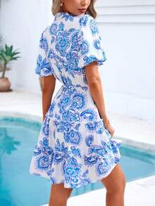 Women Summer Dresses Floral V Neck Short Sleeve Tiered Ruffle Swing Dress A-Line Mini Dresses Boho Hawaii Holiday Beach Dating Night Out Party Club Valentine Short Dress Outfits - 藍色 - 查看 2