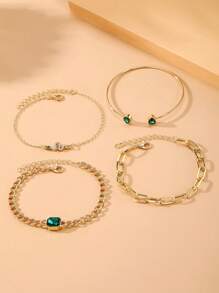 4 Stücke/Set Armband-Set mit Smaragd und quadratischen Strasssteinen in Schlangenkette, Damen Armband Set, für den täglichen Gebrauch geeignet