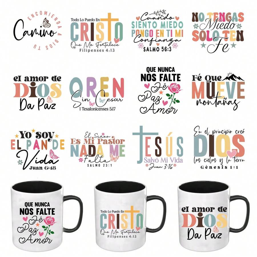 12 Tờ Giấy Chuyển Nhiệt UV DTF Tôn Giáo Tiếng Tây Ban Nha Truyền Cảm Hứng Dùng Cho Cốc, Ly, v.v. - Giấy tự dính với những câu nói truyền cảm hứng - Hoàn hảo cho bao bì, các dự án máy tính và thủ công (Đã bao gồm giấy chuyển nhiệt). - Nhiều màu - Xem 1