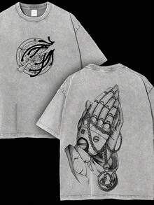 230g Double-Sided Washable, A Pair Of Big Hands Praying To You Printed T-Shirt, High-Quality Wax Printed Cotton Retro Fashion Brand T-Shirt, Men's T-Shirt, Beach Essential, Summer T-Shirt, Holiday Gift, Perfect Gift - Màu xám đen - Xem 1