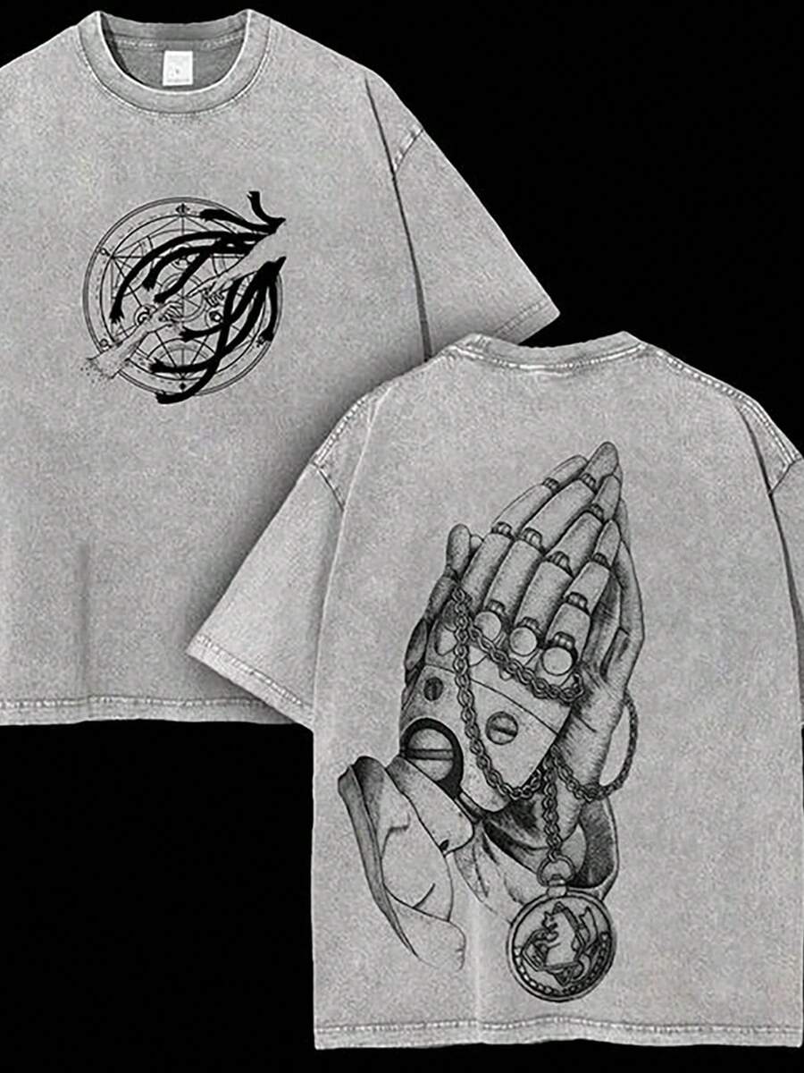 230g Double-Sided Washable, A Pair Of Big Hands Praying To You Printed T-Shirt, High-Quality Wax Printed Cotton Retro Fashion Brand T-Shirt, Men's T-Shirt, Beach Essential, Summer T-Shirt, Holiday Gift, Perfect Gift - Màu xám đen - Xem 1