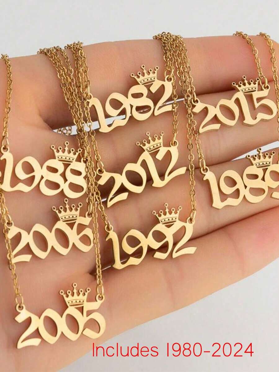 1 件简约不锈钢出生年份 1980-2024 字母项链,欧美时尚男女不锈钢皇冠和年份吊坠项链 - 金色 - 查看 1