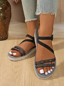 Women's Strap Hook And Loop Sandals, Summer Cross-Strap Casual Fashion Light Wedge-Heel Sandals With Boho Chinese Style Rhinestones, For Outdoor Spring/Summer