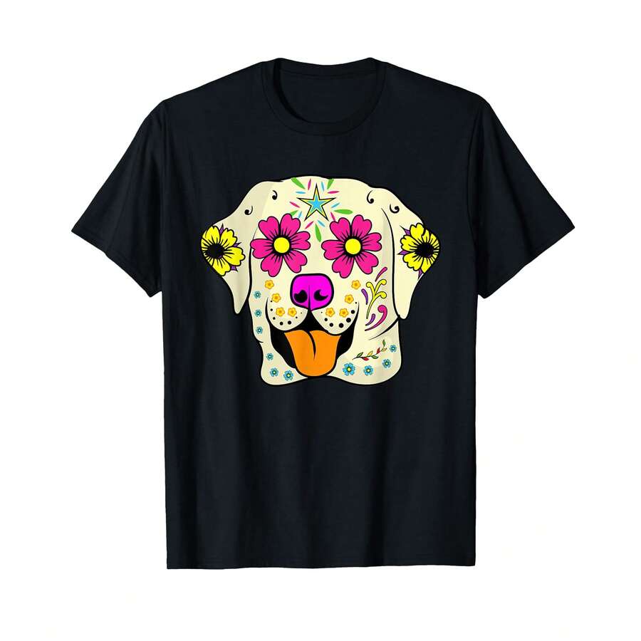 Camiseta de mujeres Día de los Muertos con Golden Retriever de calavera dorada, Regalos de Aniversario de VE - Negro - Ver 1