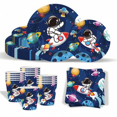 20pcs Space Astronaut Party Disposable Tableware Set, Including 20 7-Inch Dessert Plates, 20 9-Inch Plates, 20 Napkins, Suitable For Friends Gathering, Family Party, Birthday Gift