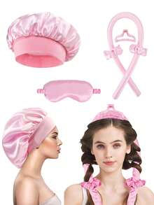 6件套美发造型工具套装，包括：1个免加热卷发器、1个缎面睡眠帽、1个免加热发带、1个发爪夹、1套免加热丝绸卷发套装、1个夜间卷发器、1个柔软睡眠眼罩、1个卷发棒、1个免加热卷发器、1个卷发器、1个美发产品及配件，适用于理发店、美容院、旅行等场合。 - 彩色 - 查看 12