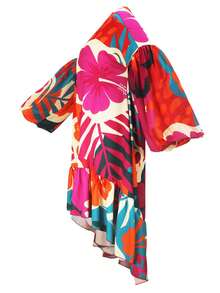 Plus Size Women's Chiffon Shawl, Long Sleeve Jacket, Woven Fabric, Machine Washable, Asymmetrical Hem, Suitable For Beach, Outdoor, Valentine's Day Pink Spring - Pink - View 8