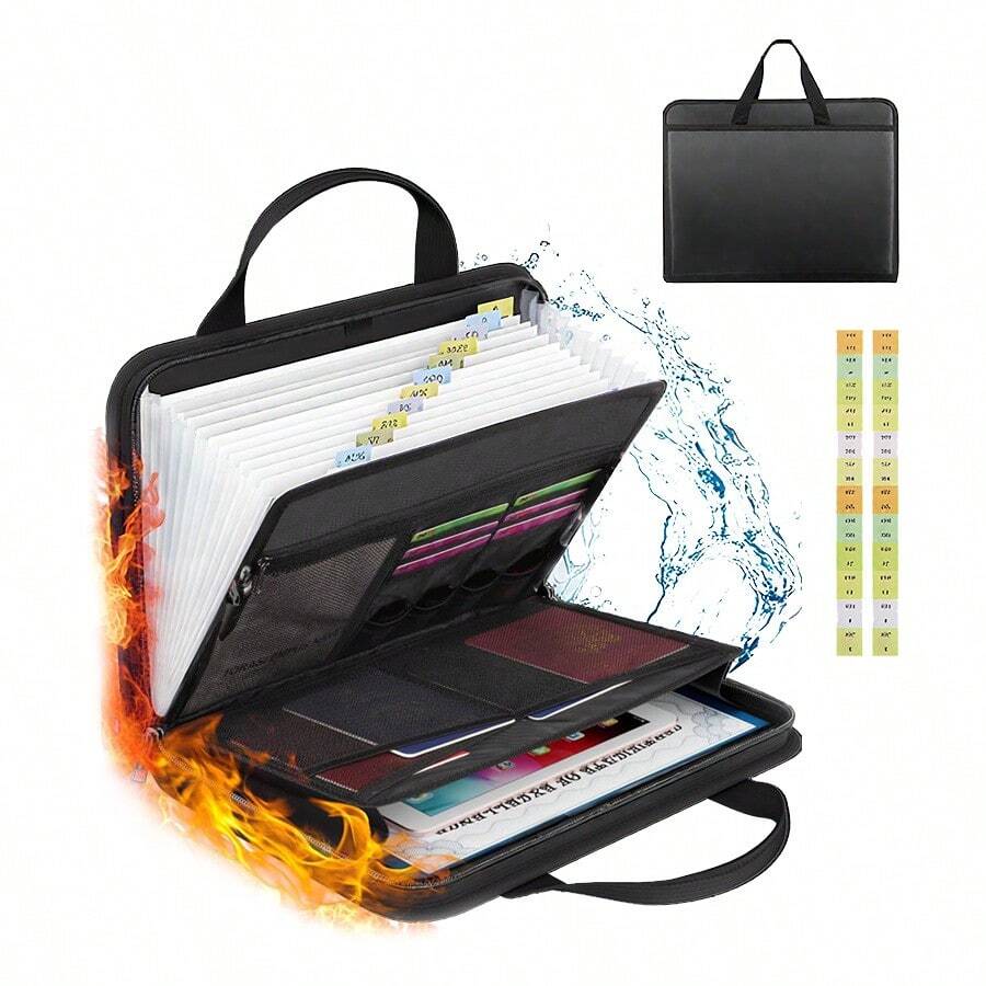 Fireproof Accordion File Organizer With Handle, File Folder With 3 Ring Binder, 13 Pocket Expanding File Folder With Zipper & Labels, Multi Pockets Paper Organizer Folder For Letter A4 Files,Portable Document Box For Passport, Files, Certificates - màu đen - Xem 1