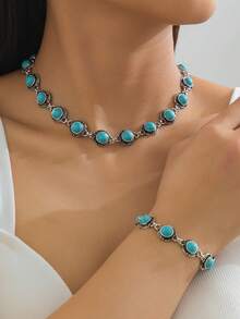 1pc Minimalist Versatile Retro Anklet, Metal Alloy Faux Turquoise Foot Jewelry For Women - Antique Silver - View 6