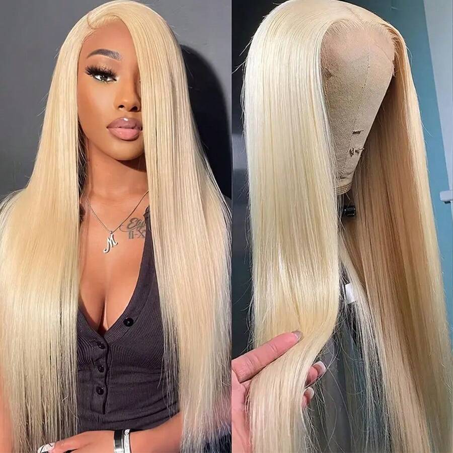 13X6 Free Part Platinum Blonde Lace Front Wigs 28 Inch Pre Plucked Long Straight Hair Wigs Glueless Soft Ash Blonde Colored Wigs Heat Resistant Fiber Hair Synthetic Lace Front Wigs For Women For Daily Christmas Party Cosplay Use - Vàng nhạt - Xem 1