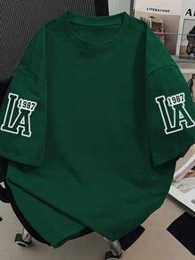 Teenage Boys' Retro LA Academy Design Short Sleeve Loose Comfortable Breathable T-Shirt, Casual Campus Summer Wear, Boys Tops - Dark Green - View 2