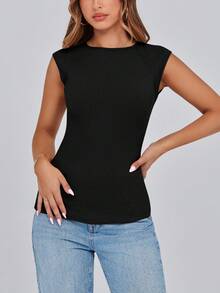 Women's Summer Clothes Tanktop Casual Ribbed Cap Sleeve Slim Fitted Knit Basic Cute Tops Tee Shirts  Fashion Vacation Black Clothes Tops For Women - màu đen - Xem 2