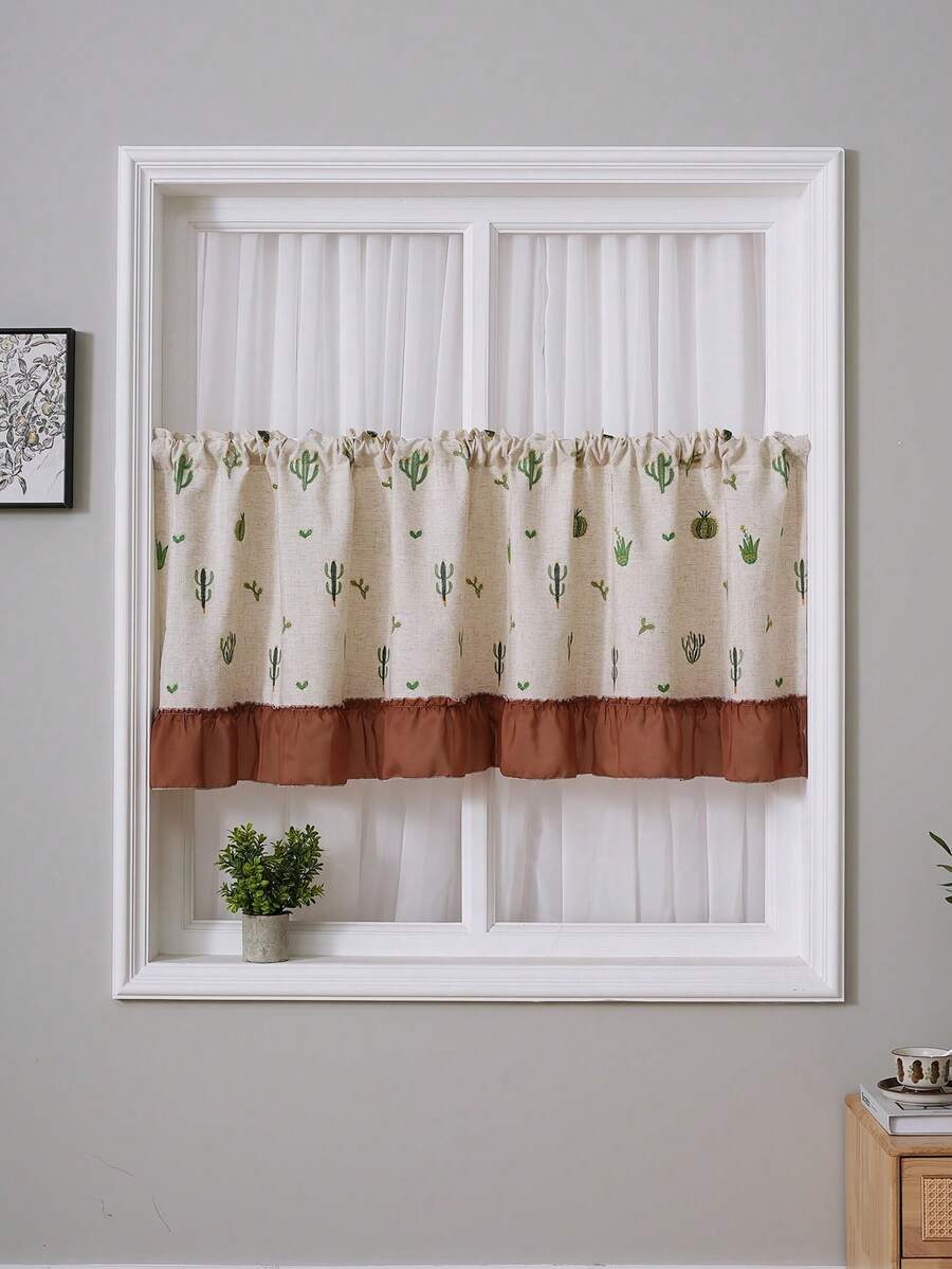 1pc Cute Cactus Embroidered Ruffled Sheer Curtain, Window Valance For Decor, Suitable For Daily Use And Holidays - Multicolor - View 1