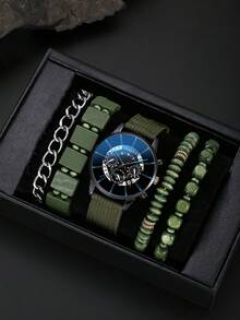 1 件男士时尚商务奢华休闲石英表 + 4 件手链套装，日常使用和节日礼物 - 軍綠色 - 查看 11