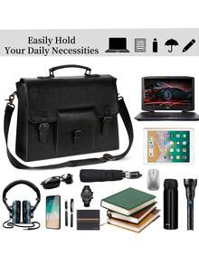 Vintage Leather Messenger Bag For Men - 15.6 Inch Waterproof Laptop Briefcase - Large Satchel Shoulder Bag For Office, Travel & College | Fits Most 15.6" Laptops - 黑色 - 查看 9