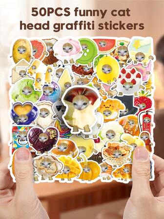 50 stycken roliga katthuvud-graffiti-klistermärken, PVC-spårfria vita lim, kan återanvändas, lämpliga för resväskor, bärbara datorer, och andra platser var som helst